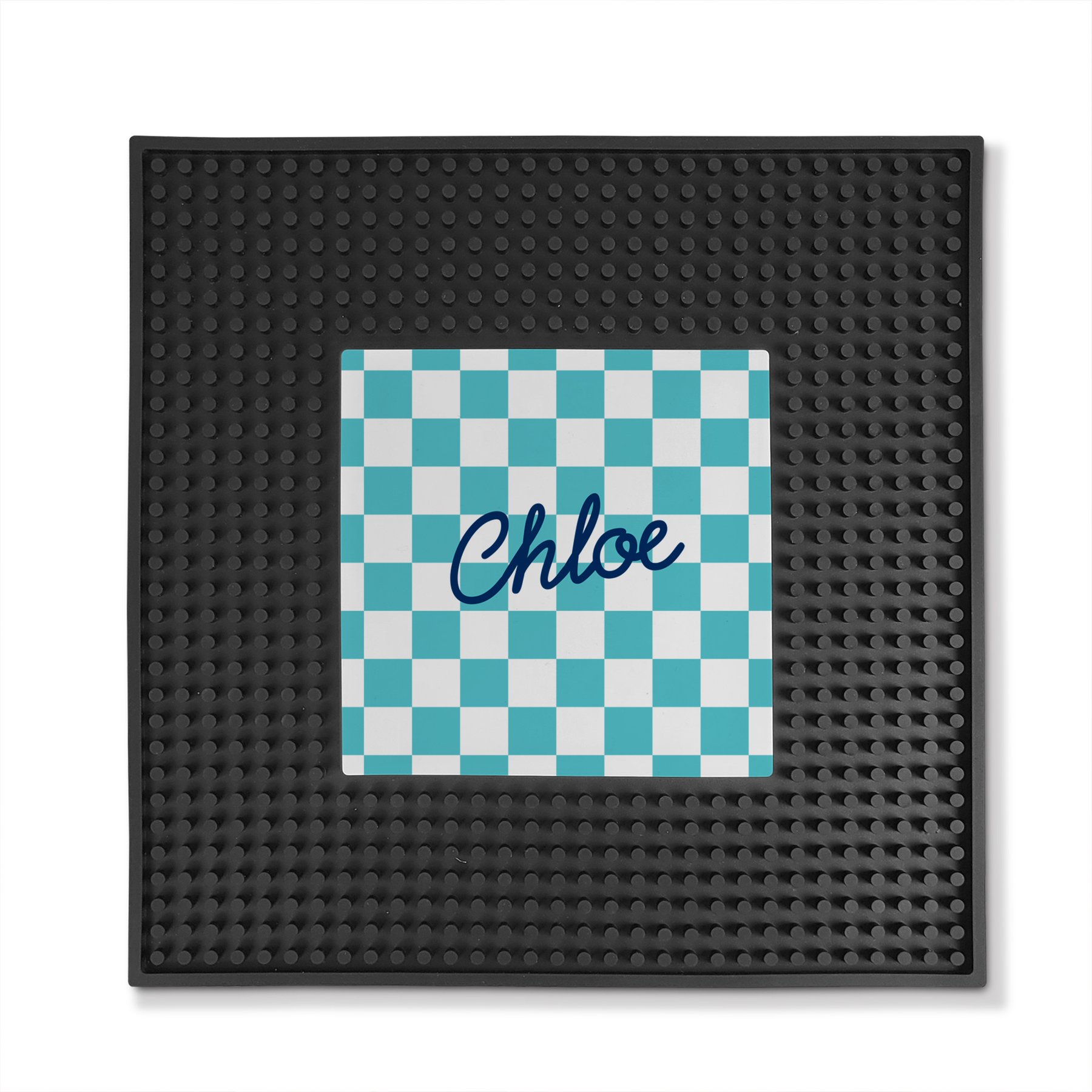 PGS Checkered Pattern with Script Name Square Printed Small Pet Mat, 12 x 12-in, Navy/Black/White
