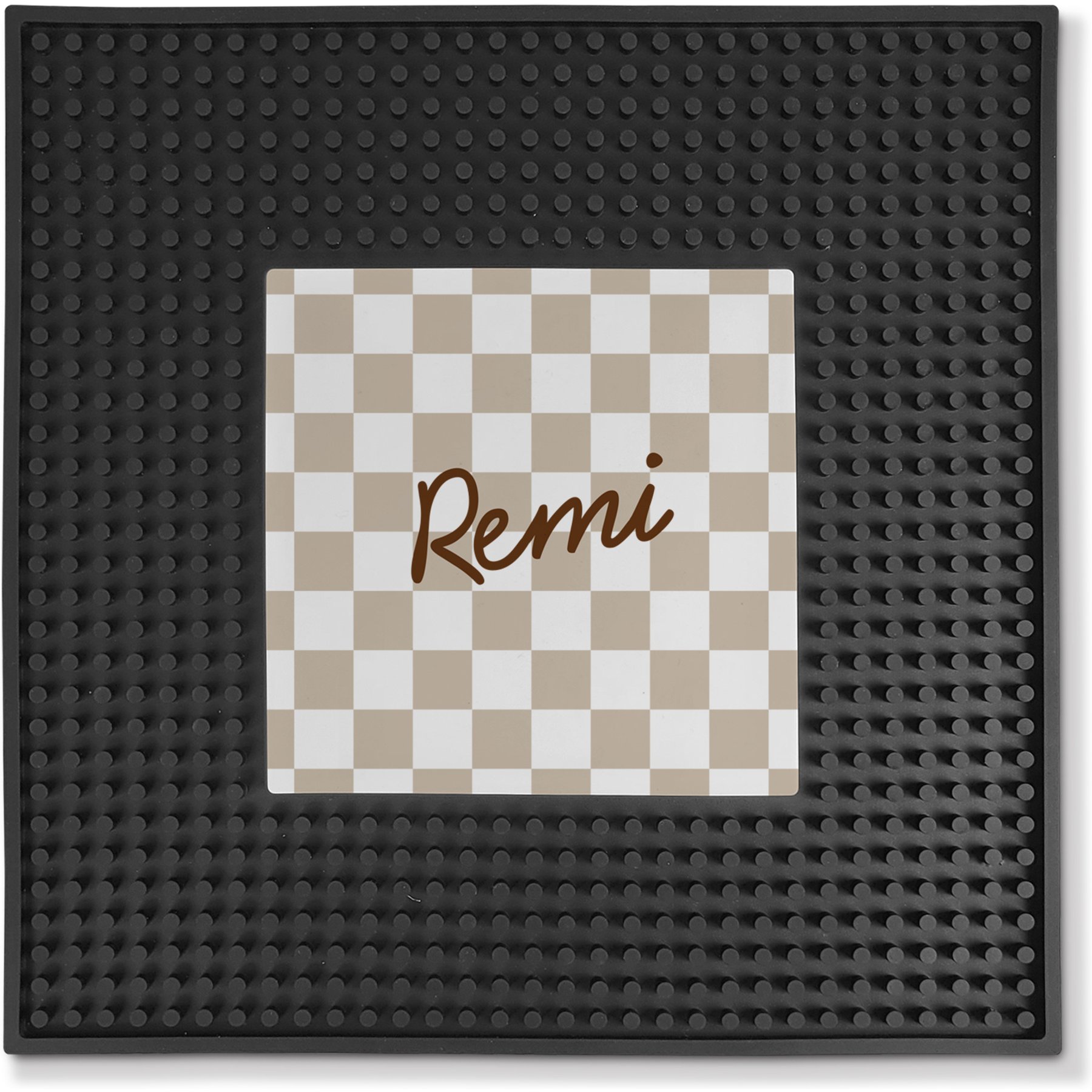 PGS Checkered Pattern with Script Name Square Printed Small Pet Mat, 12 x 12-in, Caramel/Black/White