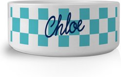 PGS Checkered Pattern with Script Name Small Pet Bowl, 7 x 2 7/8-in, Navy/White
