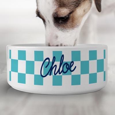 Show full view: PGS Checkered Pattern with Script Name Small Pet Bowl, 7 x 2 7/8-in, Navy/White slide 2 of 3
