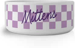 PGS Checkered Pattern with Script Name Small Pet Bowl, 7 x 2 7/8-in, Dark Purple/White