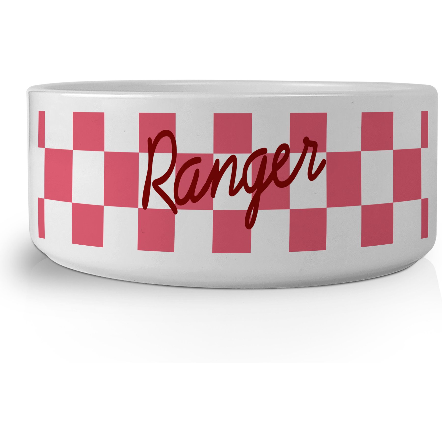 PGS Checkered Pattern with Script Name Small Pet Bowl, 7 x 2 7/8-in, Currant/White