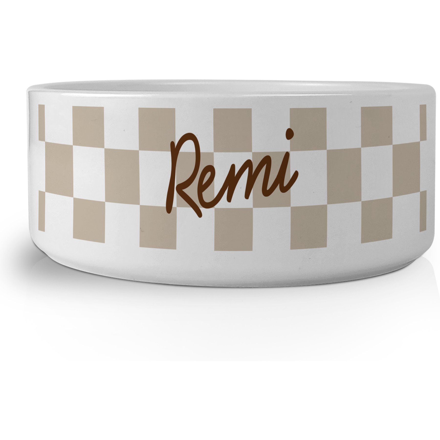 PGS Checkered Pattern with Script Name Small Pet Bowl, 7 x 2 7/8-in, Caramel/White