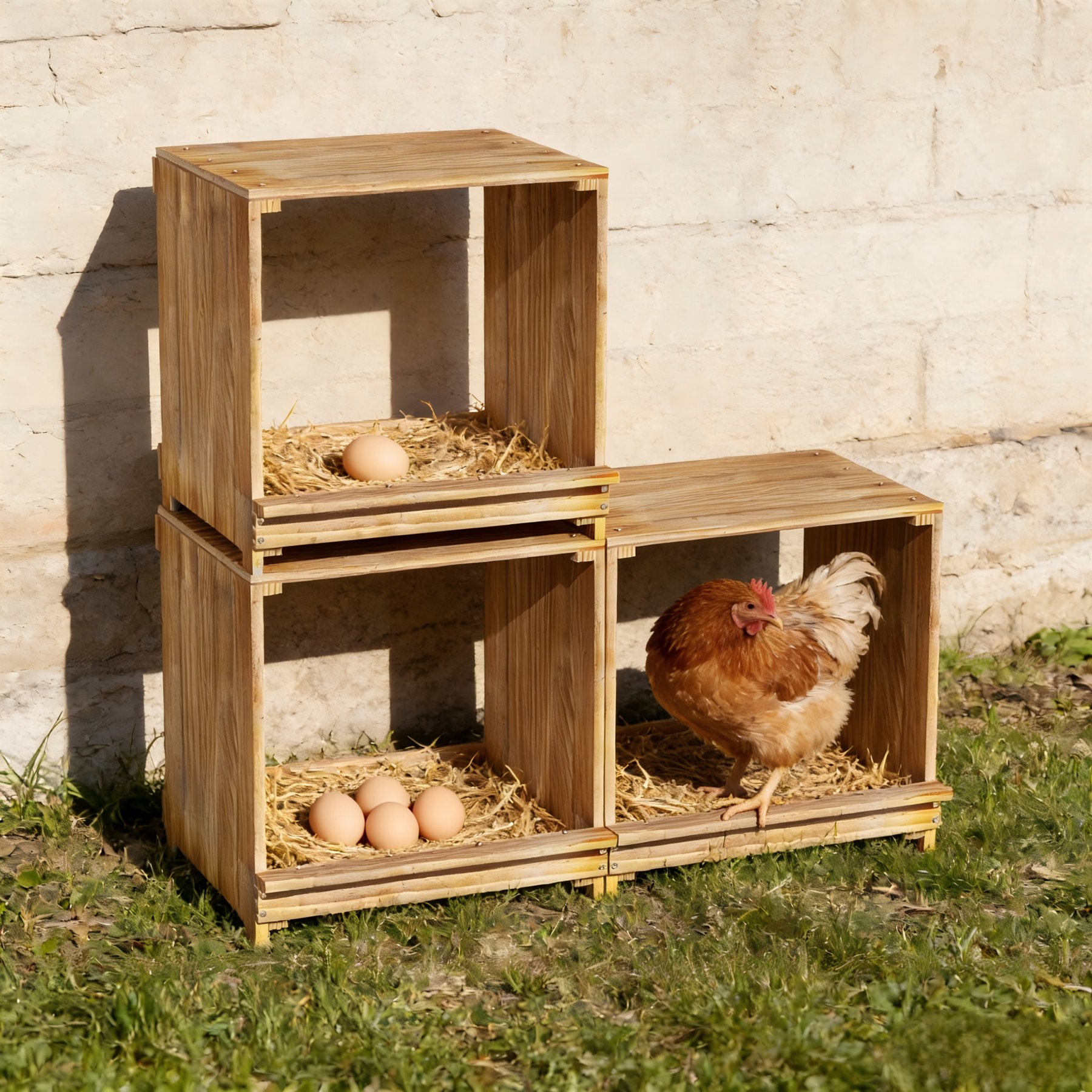 Wisfor 3-Compartment Pine Wood Egg Laying Chicken Nesting Box, 41.34 x 11.81 x 14.17-in