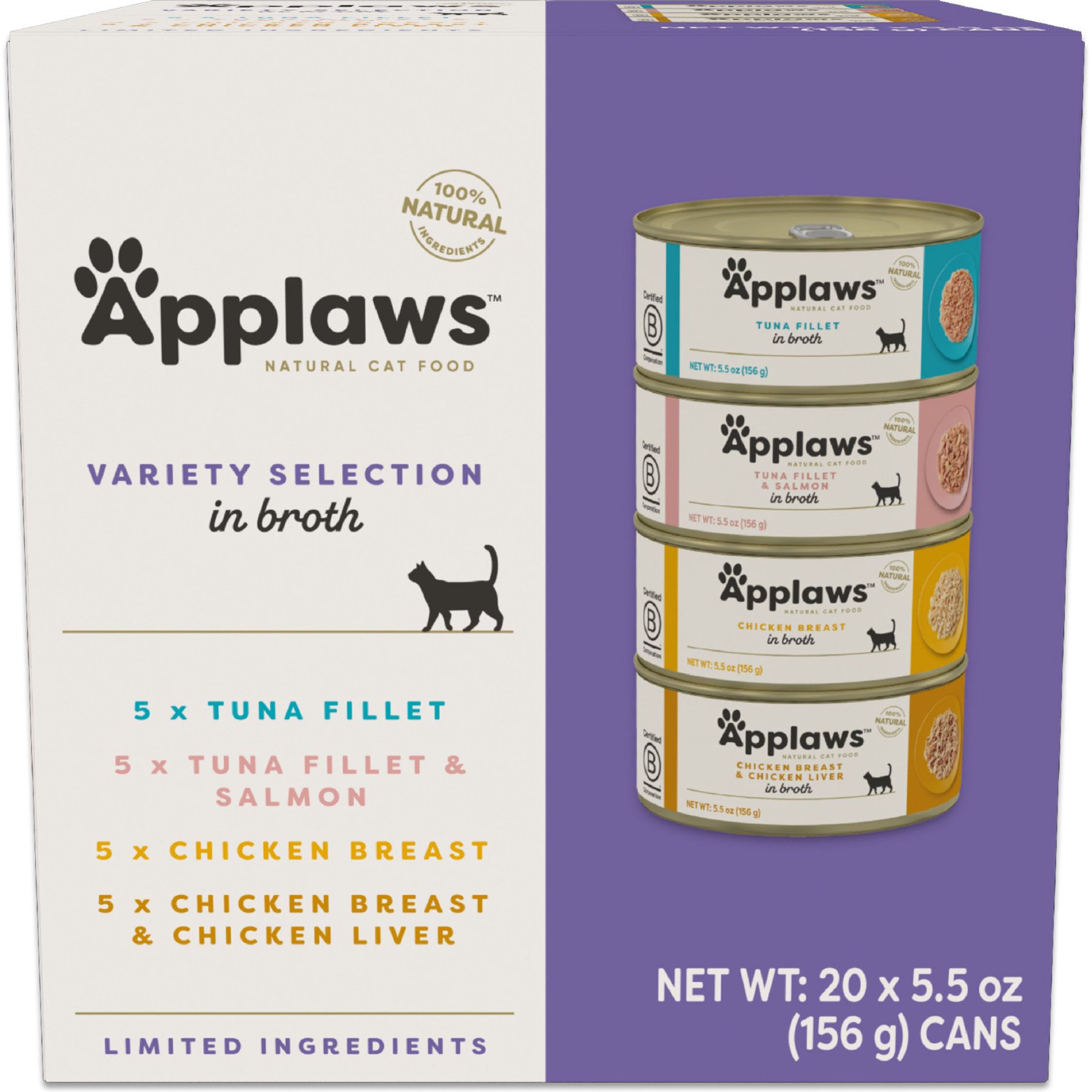 Applaws Natural Variety Selection in Broth Grain-Free Wet Cat Food, 5.5-oz can, case of 20