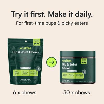 Show full view: Wuffes Advanced Hip & Joint Flavor Test Chews with Glucosamine & Chondroitin Pork Liver Flavored Soft Chews for Large Dogs, 6 count slide 4 of 9