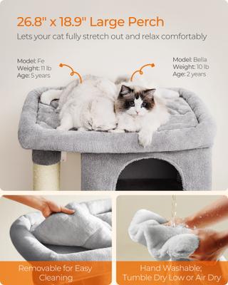 Show full view: FEANDREA 39.8-in Heavy-Duty Plush Cat Tree Tower & Condo with Large Perch, 2 Cat Caves & Scratching Post, X-Large, Light Gray slide 3 of 9