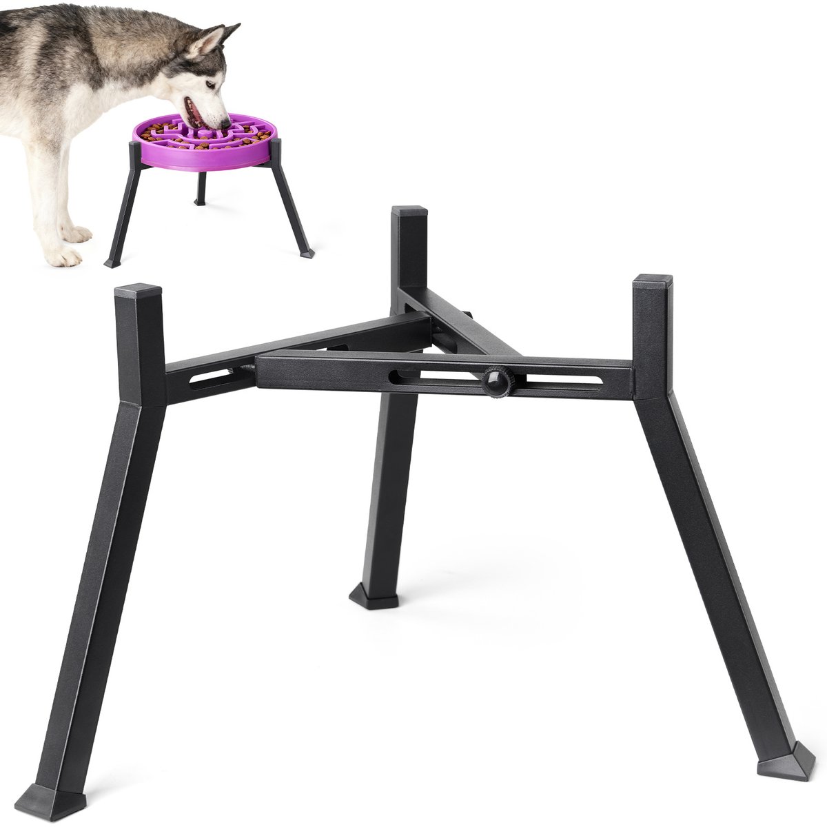 LOOBANI Adjustable Width Anti-Slip Raised Metal Elevated Dog Bowl Stand, Black, Large