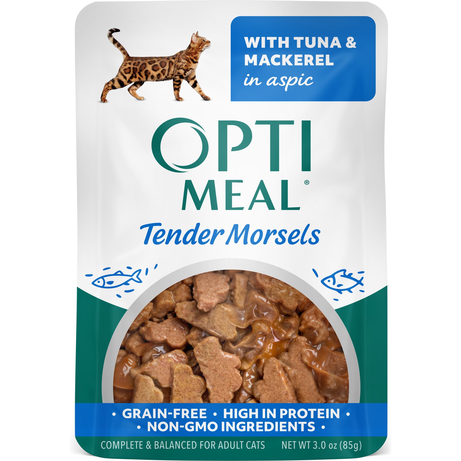 Optimeal Grain-Free Tender Morsels with Tuna & Mackerel in Aspic Adult WetCat Food, 3-oz pouch, case of 12