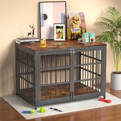 Xbrigh Double-Door Escape-Proof Wood-Grain Side Table Furniture Dog Crate, Brown, Large: 42 inch