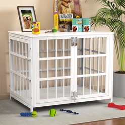 Xbrigh Double-Door Escape-Proof Wood-Grain Side Table Furniture Dog Crate, White, Small: 32 inch