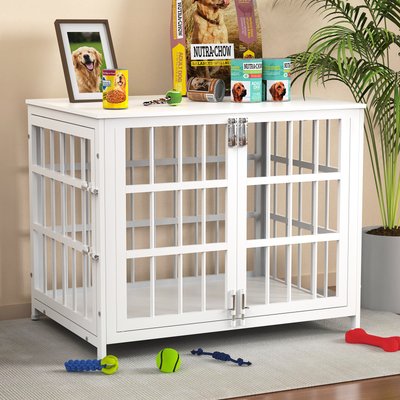Xbrigh Xbrigh Double-Door Escape-Proof Wood-Grain Side Table Furniture Dog Crate, White, Small: 32 inch