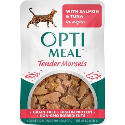 Optimeal Optimeal Grain-Free Tender Morsels with Salmon & Tuna in Aspic Adult Wet Cat Food, 3-oz pouch, case of 12