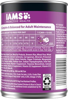 Show full view: Iams ProActive Health Classic Ground with Slow Cooked Chicken & Rice Healthy Aging Senior Canned Wet Dog Food, 13-oz can, case of 12 slide 4 of 11