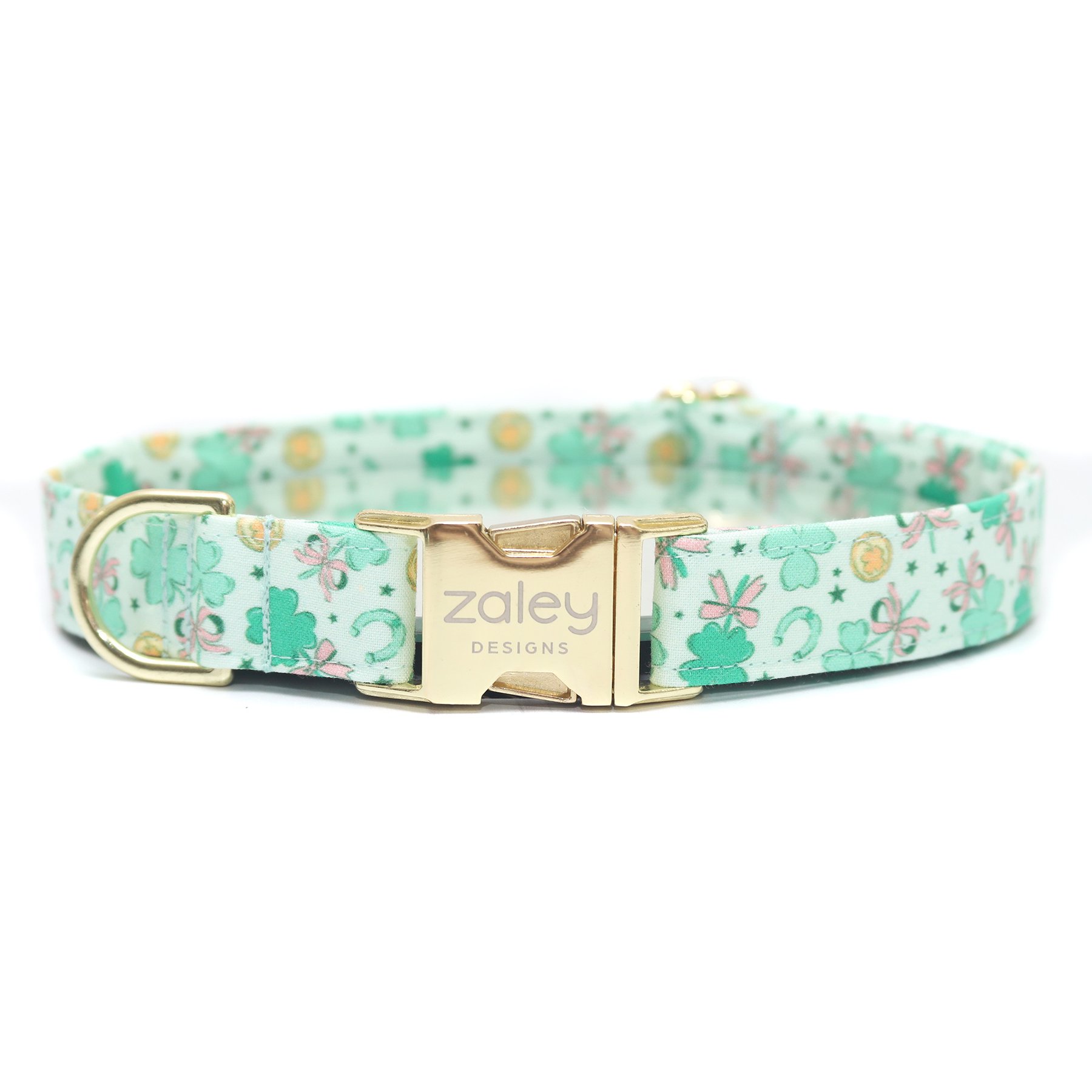 Zaley Designs St. Patricks Day Shamrocks & Bows Adjustable Cotton Dog Collar, Green, Large