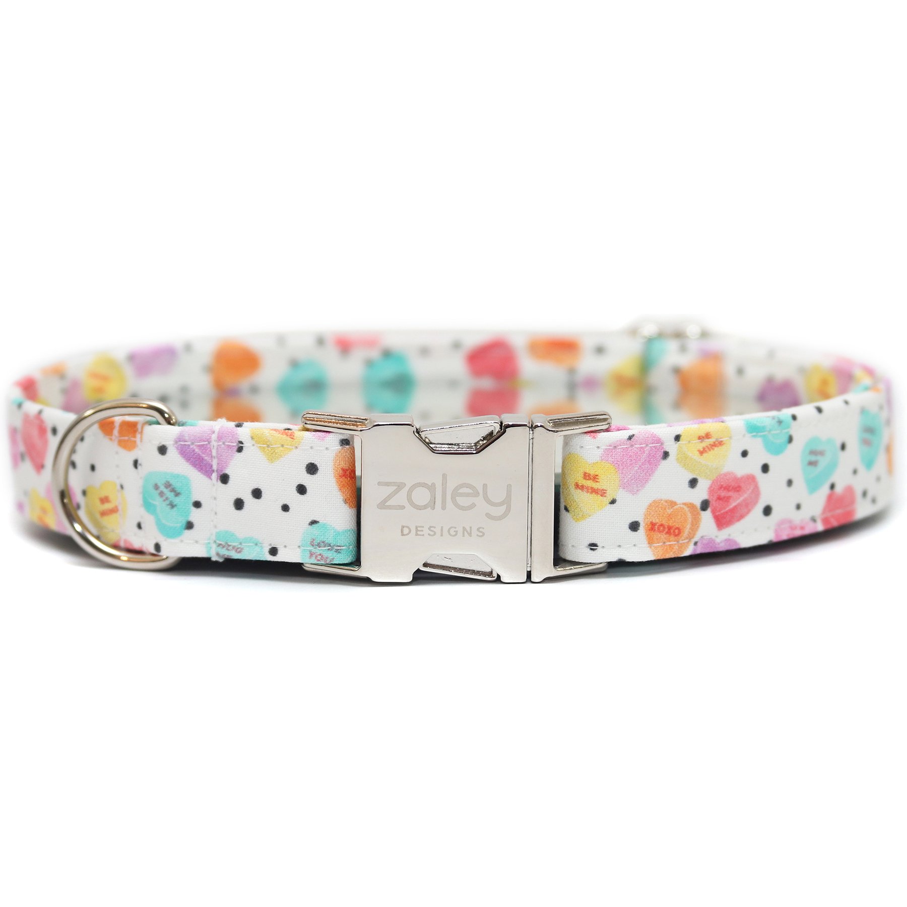 Zaley Designs Conversation Hearts Adjustable Cotton Dog Collar, White, Small