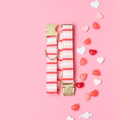 Show full view: Zaley Designs Pink/Red/White Stripes Adjustable Cotton Dog Collar, Small slide 3 of 4