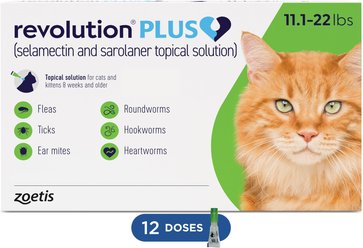 Revolution Plus Topical Solution for Cats, 11.1-22 lbs, (Green Box), 12 Doses (12-mos. supply)