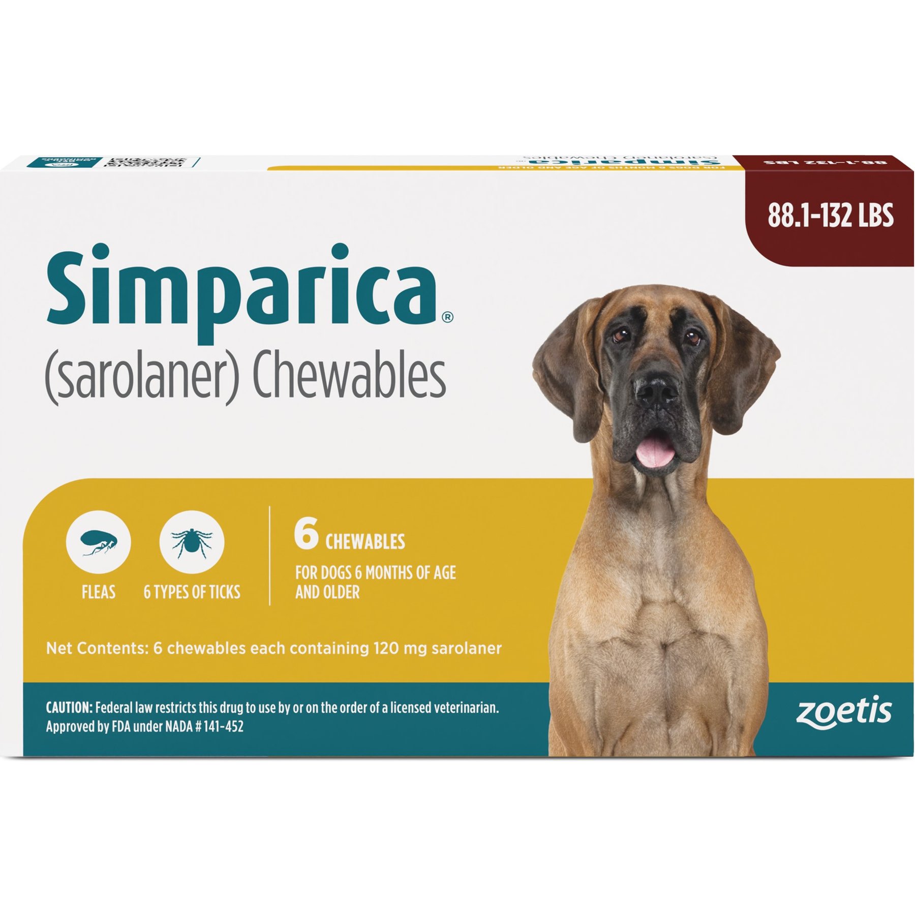 88.1-132 lbs, Simparica Chewable Tablets for Dogs, 6 treatments, 120 mg Sarolaner