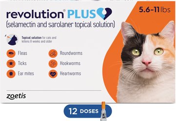 Revolution Plus Topical Solution for Cats, 5.6-11 lbs, (Orange Box), 12 Doses (12-mos. supply)