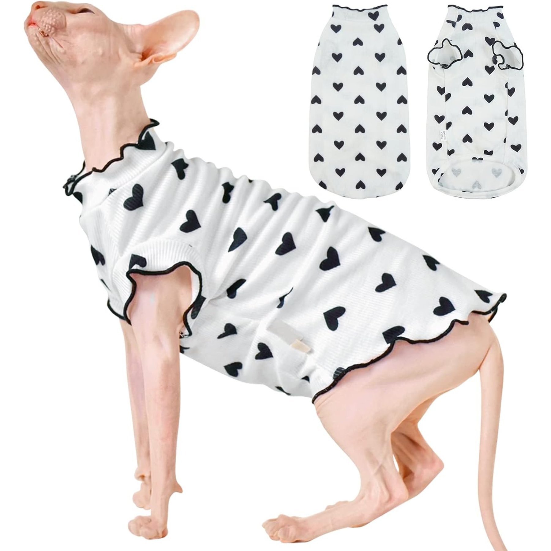 NANAKI Heart Pattern Sphynx Hairless Cat Shirt with Perlin Sleeves, Black, Medium