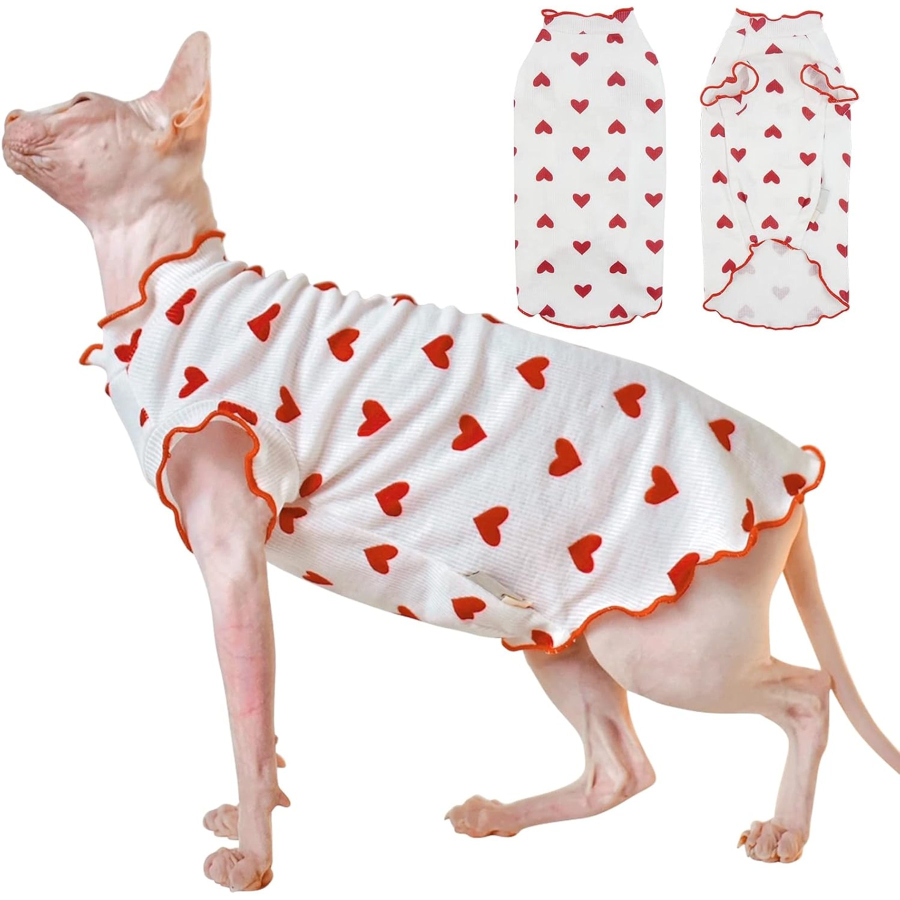 NANAKI Heart Pattern Sphynx Hairless Cat Shirt with Perlin Sleeves, Red, Medium