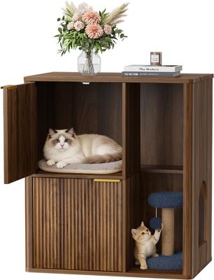 Show full view: Yafylly Dual Entry Doors Wooden Cat Litter Box Enclosure with Scratching Post & Storage Shelf, 31.5-in, Walnut slide 2 of 7