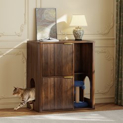 Yafylly Dual Entry Doors Wooden Cat Litter Box Enclosure with Scratching Post & Storage Shelf, 31.5-in, Walnut