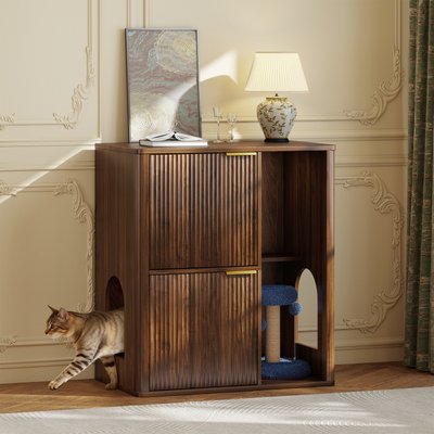 Yafylly Yafylly Dual Entry Doors Wooden Cat Litter Box Enclosure with Scratching Post & Storage Shelf, 31.5-in, Walnut