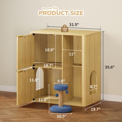 Show full view: Yafylly Dual Entry Doors Wooden Cat Litter Box Enclosure with Scratching Post & Storage Shelf, 31.5-in, Natural slide 7 of 7