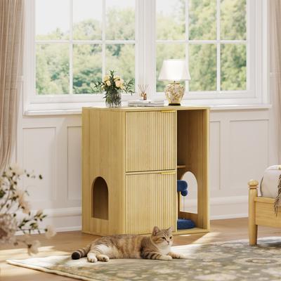 Show full view: Yafylly Dual Entry Doors Wooden Cat Litter Box Enclosure with Scratching Post & Storage Shelf, 31.5-in, Natural slide 6 of 7
