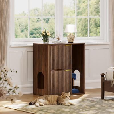 Show full view: Yafylly Dual Entry Doors Wooden Cat Litter Box Enclosure with Scratching Post & Storage Shelf, 31.5-in, Walnut slide 6 of 7