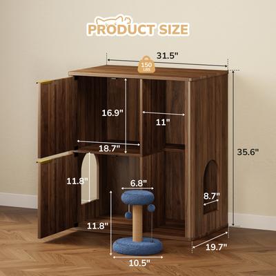 Show full view: Yafylly Dual Entry Doors Wooden Cat Litter Box Enclosure with Scratching Post & Storage Shelf, 31.5-in, Walnut slide 7 of 7
