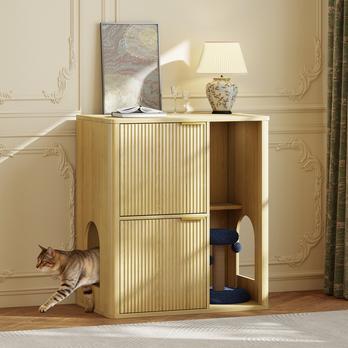 Yafylly Dual Entry Doors Wooden Cat Litter Box Enclosure with Scratching Post & Storage Shelf, 31.5-in, Natural