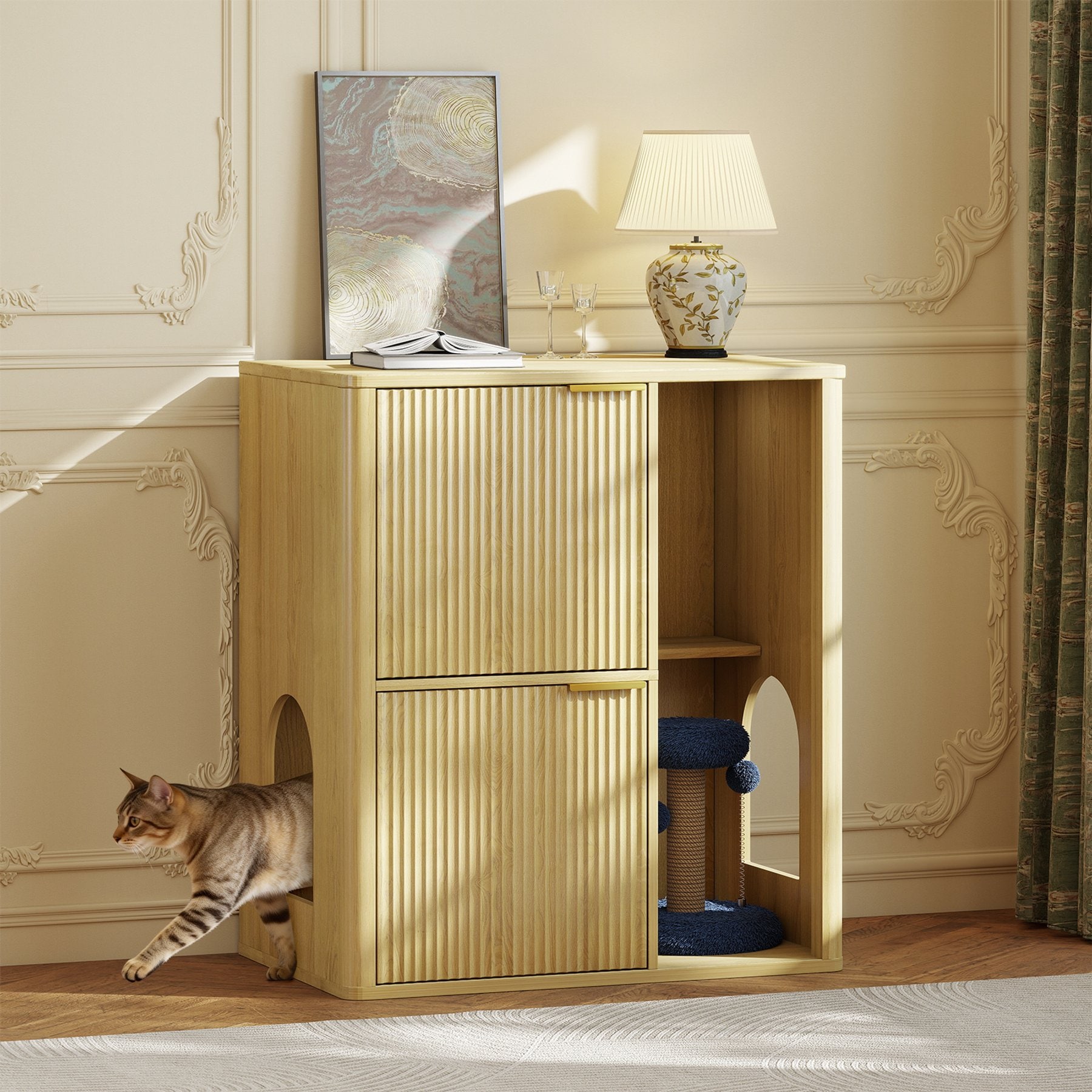 Yafylly Dual Entry Doors Wooden Cat Litter Box Enclosure with Scratching Post & Storage Shelf, 31.5-in, Natural