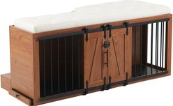 Zeus & Ruta Luxury Wooden Furniture Style Sliding Barn Door & Padded Seat Dog Crate, Walnut Brown/Black