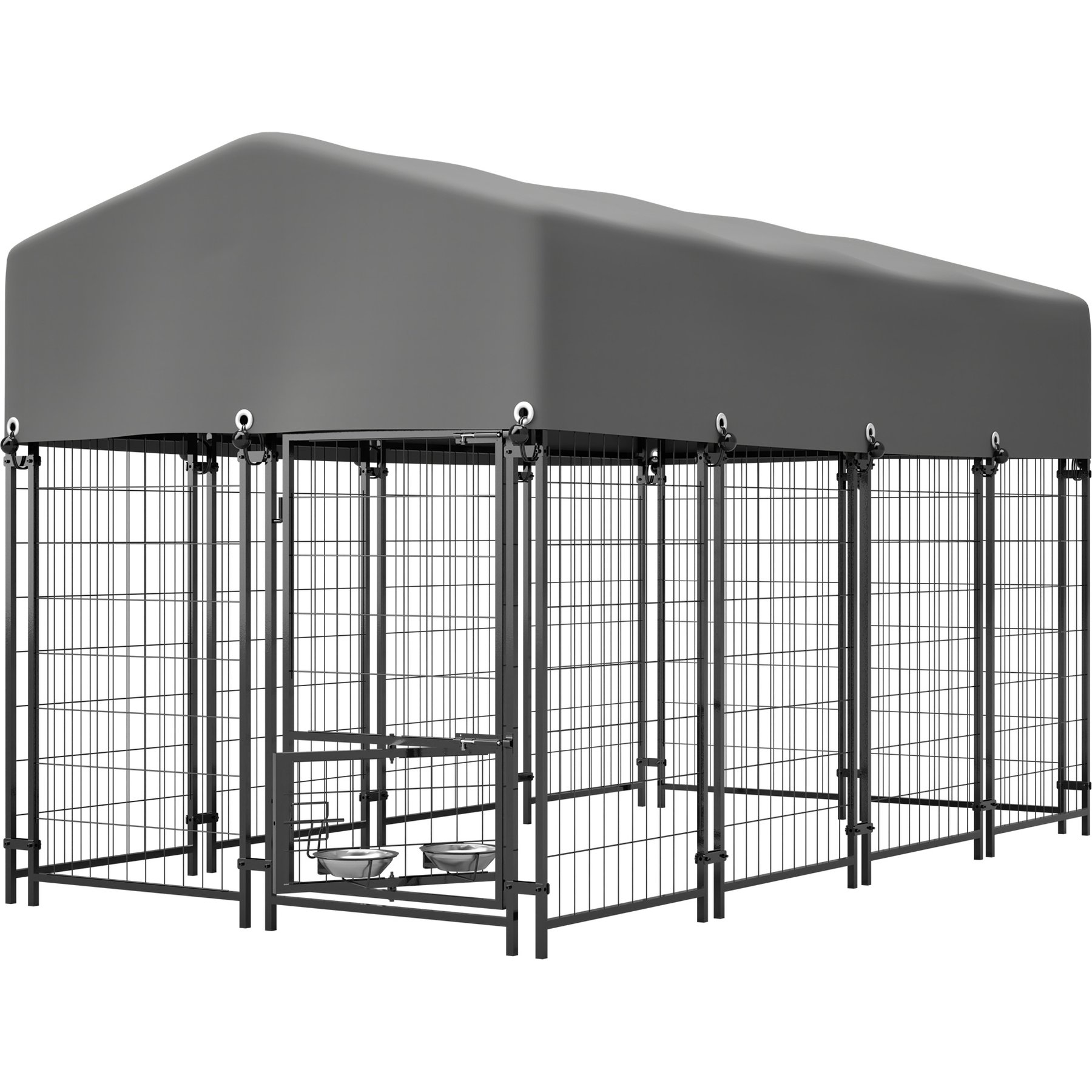 Zeus & Ruta Heavy Duty Welded Wire Double Lock & Rotating Feeder Dog Kennel with Roof, Grey