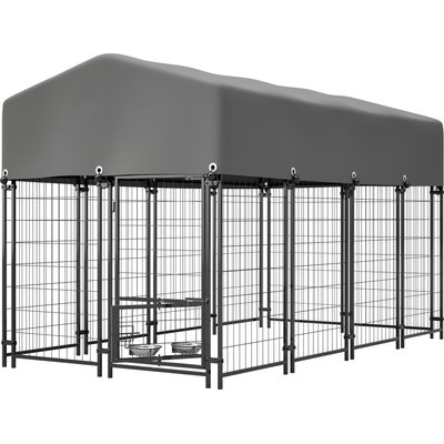 Zeus & Ruta Zeus & Ruta Heavy Duty Welded Wire Double Lock & Rotating Feeder Dog Kennel with Roof, Grey
