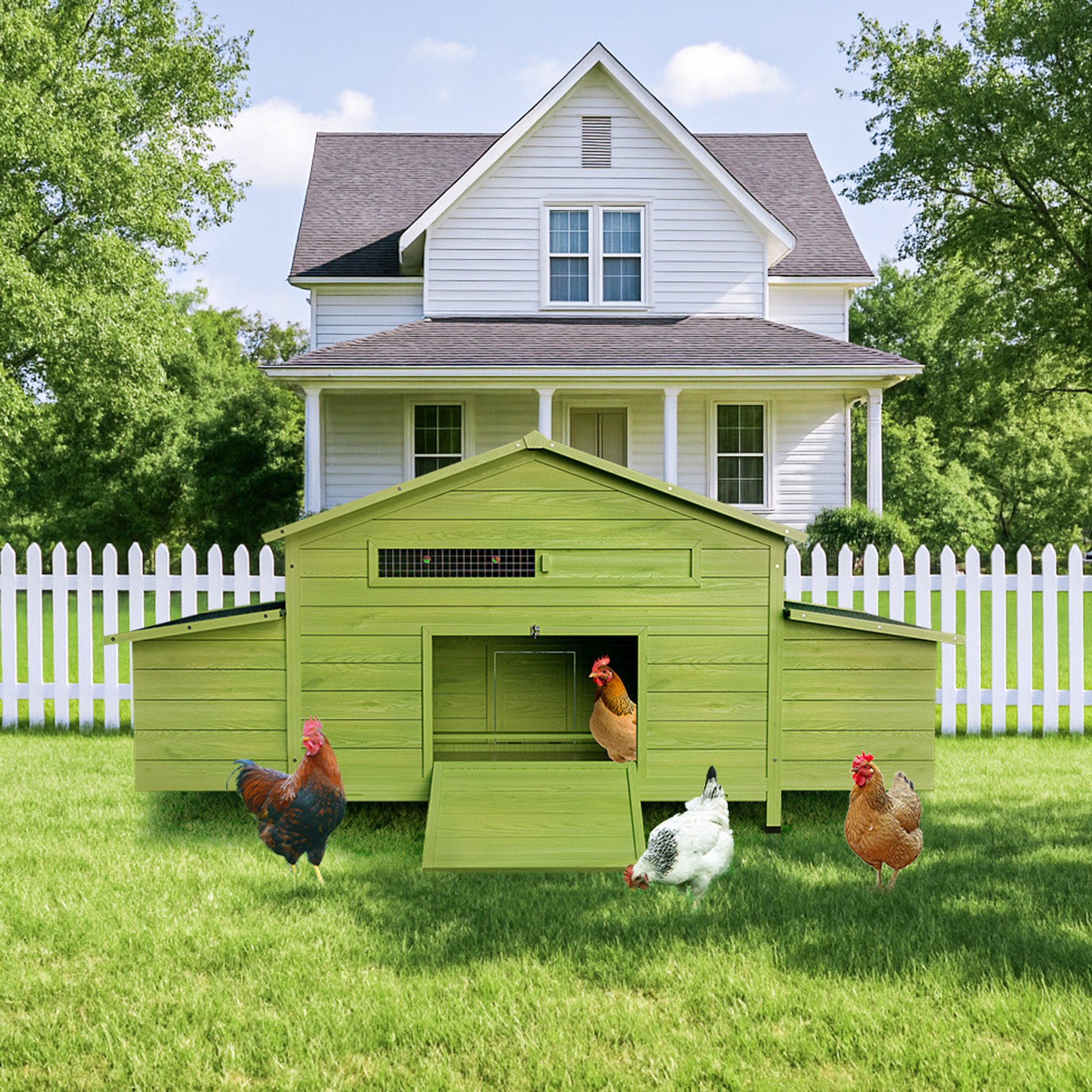 Yafylly Outdoor Wooden Chicken Coop with 2 Free-Range Doors, Nesting Boxes & Perch, Large, Green