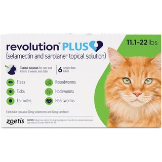 Revolution Plus Topical Solution for Cats, 11.1-22 lbs, (Green Box), 6 Doses (6-mos. supply) slide 1 of 9