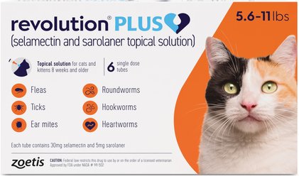 Revolution Plus Topical Solution for Cats, 5.6-11 lbs, (Orange Box), 6 Doses (6-mos. supply)
