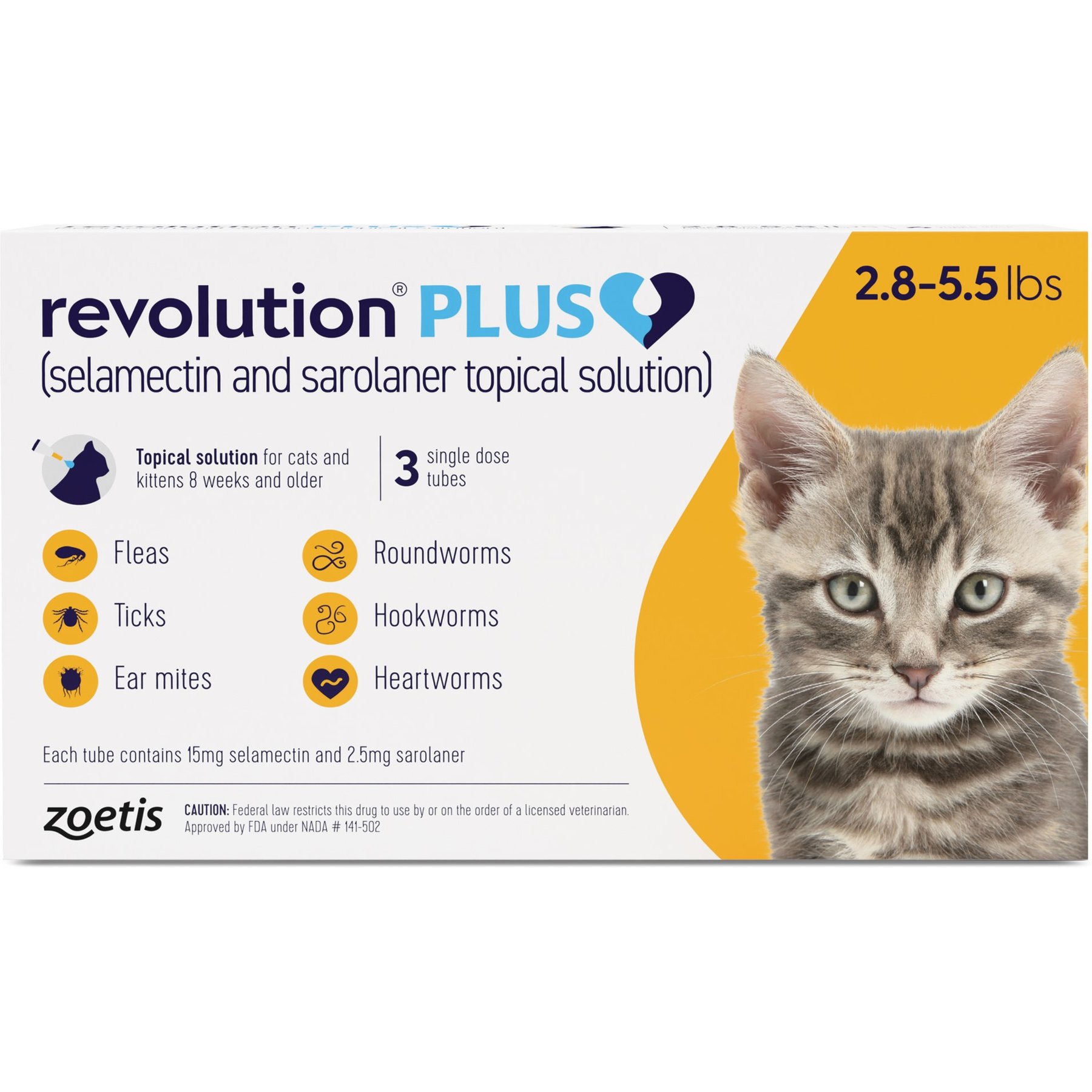 Revolution Plus Topical Solution for Cats, 2.8-5.5 lbs, 3 treatment, 15 mg Selamectin and 2.5 mg Sarolaner