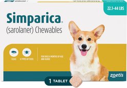 Simparica Chewable Tablet for Dogs 22.1-44 lbs (Mint Box), 1 Chewable Tablet (1-mos. supply)