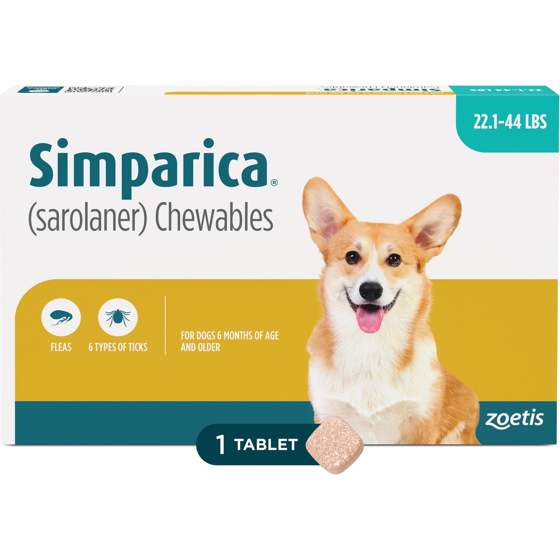 Simparica Chewable Tablet for Dogs 22.1-44 lbs (Mint Box), 1 Chewable Tablet (1-mos. supply)