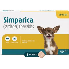 Simparica Chewable Tablet for Dogs 2.8-5.5 lbs (Yellow Box), 1 Chewable Tablet (1-mos. supply)