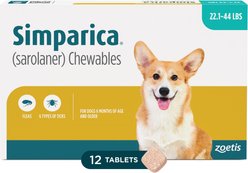 Simparica Chewable Tablet for Dogs, 22.1-44 lbs, (Mint Box), 12 Chewable Tablets (12-mos. supply)