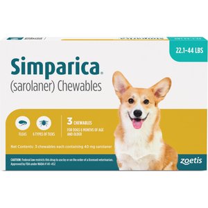 Simparica Chewable Tablet for Dogs, 22.1-44 lbs, (Mint Box), 3 Chewable Tablets (3-mos. supply)
