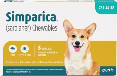 Simparica Chewable Tablet for Dogs, 22.1-44 lbs, (Mint Box), 3 Chewable Tablets (3-mos. supply)