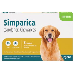 Simparica Chewable Tablet for Dogs, 44.1-88 lbs, (Green Box), 3 Chewable Tablets (3-mos. supply)