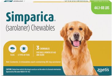 Simparica Chewable Tablet for Dogs, 44.1-88 lbs, (Green Box), 3 Chewable Tablets (3-mos. supply)